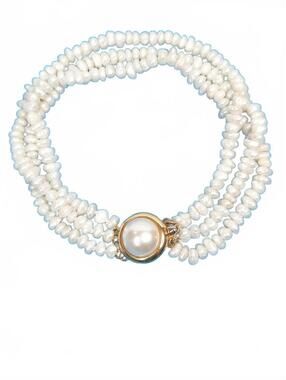 Vintage Three Strand Rice Pearl/Silver Clasp & Baroque Pearl Bracelet 8.5 inches